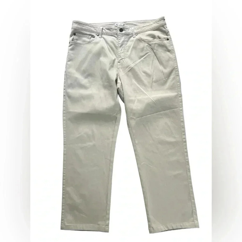 Peter Millar Mens Size 35 Khaki Straight Leg Cotton Button Tab Flat Front Pants